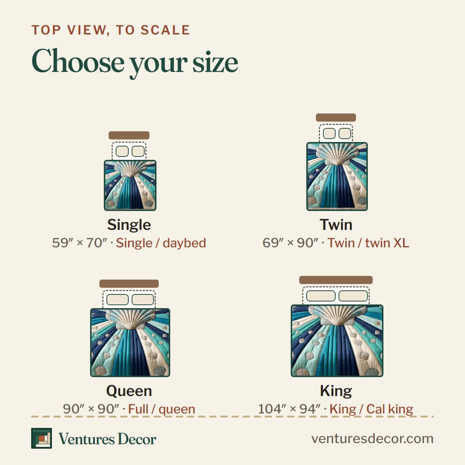 Size guide for the Coastal Whisper Scallop Sunburst Navy quilt, top view to scale: Single 59 x 70 in, Twin 69 x 90 in, Queen 90 x 90 in, King 104 x 94 in