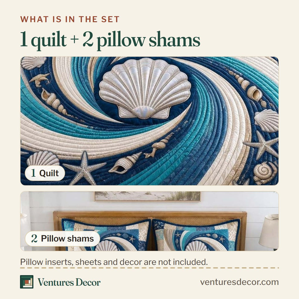What is in the set: one quilt and two pillow shams, shown in the Coastal Whisper Sea design