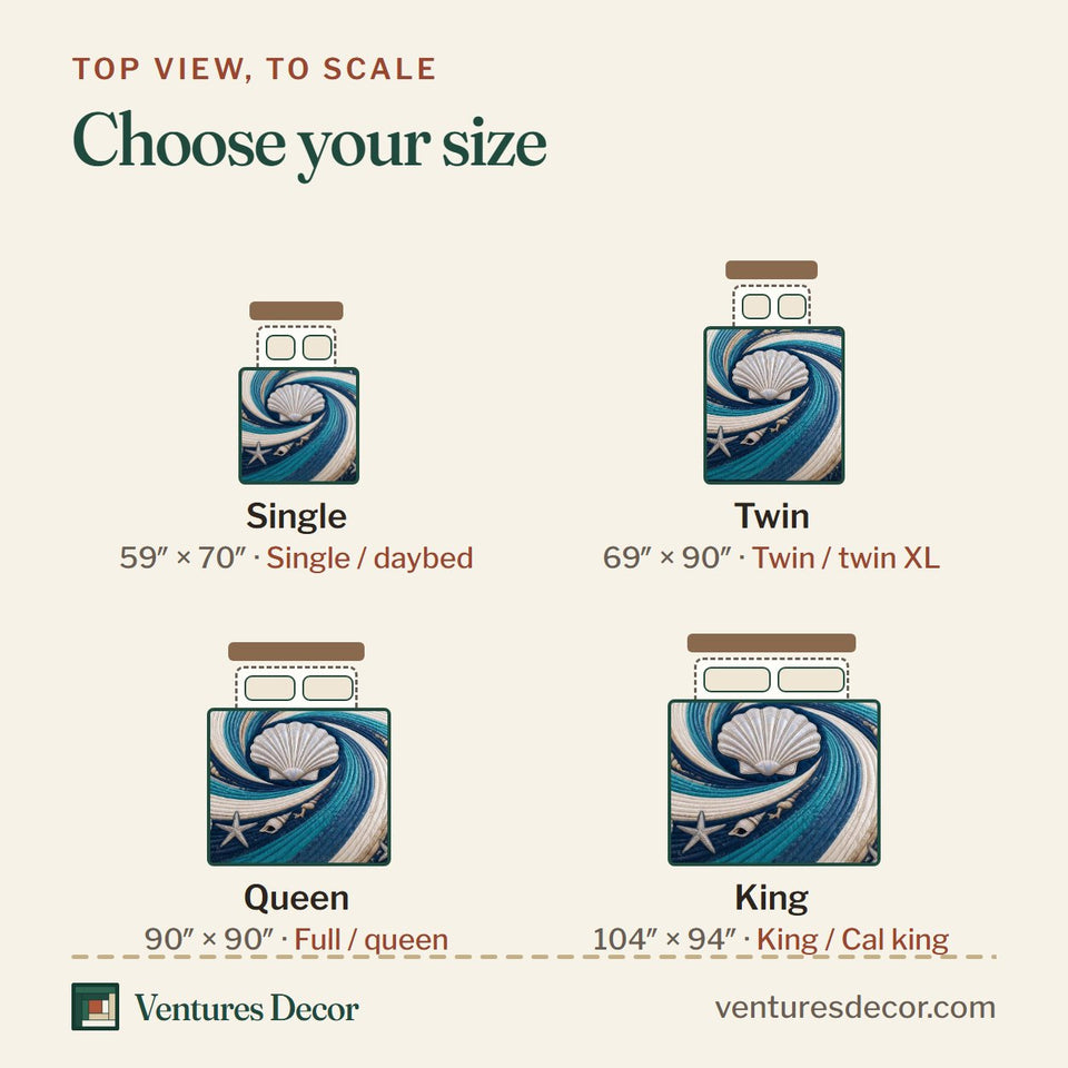 Size guide for the Coastal Whisper Sea quilt, top view to scale: Single 59 x 70 in, Twin 69 x 90 in, Queen 90 x 90 in, King 104 x 94 in