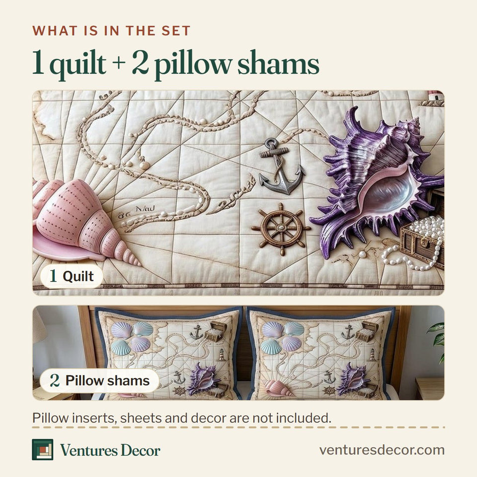What is in the set: one quilt and two pillow shams, shown in the Coastal Whisper Treasure Map and Conch design