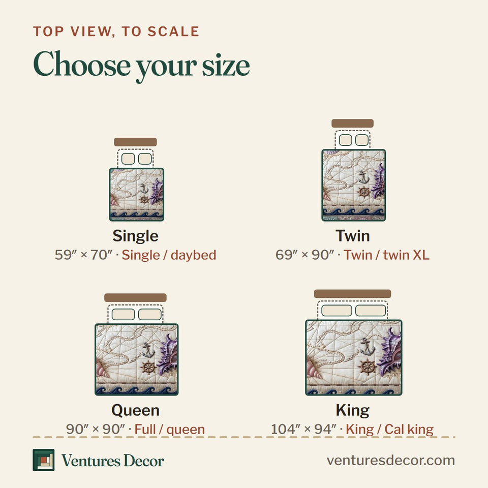 Size guide for the Coastal Whisper Treasure Map and Conch quilt, top view to scale: Single 59 x 70 in, Twin 69 x 90 in, Queen 90 x 90 in, King 104 x 94 in