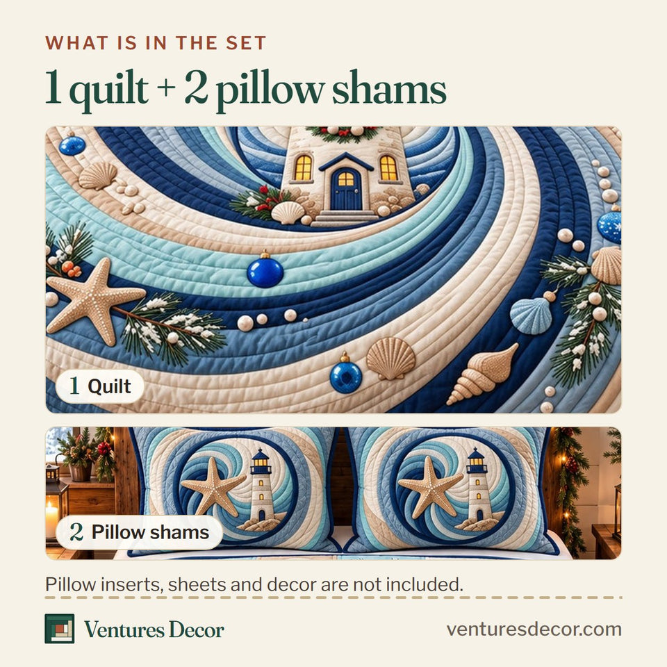 What is in the set: one quilt and two pillow shams, shown in the Coastal Winter Lighthouse Quilt Set, 3-Piece Quilted Bedding with 2 Pillow Shams design