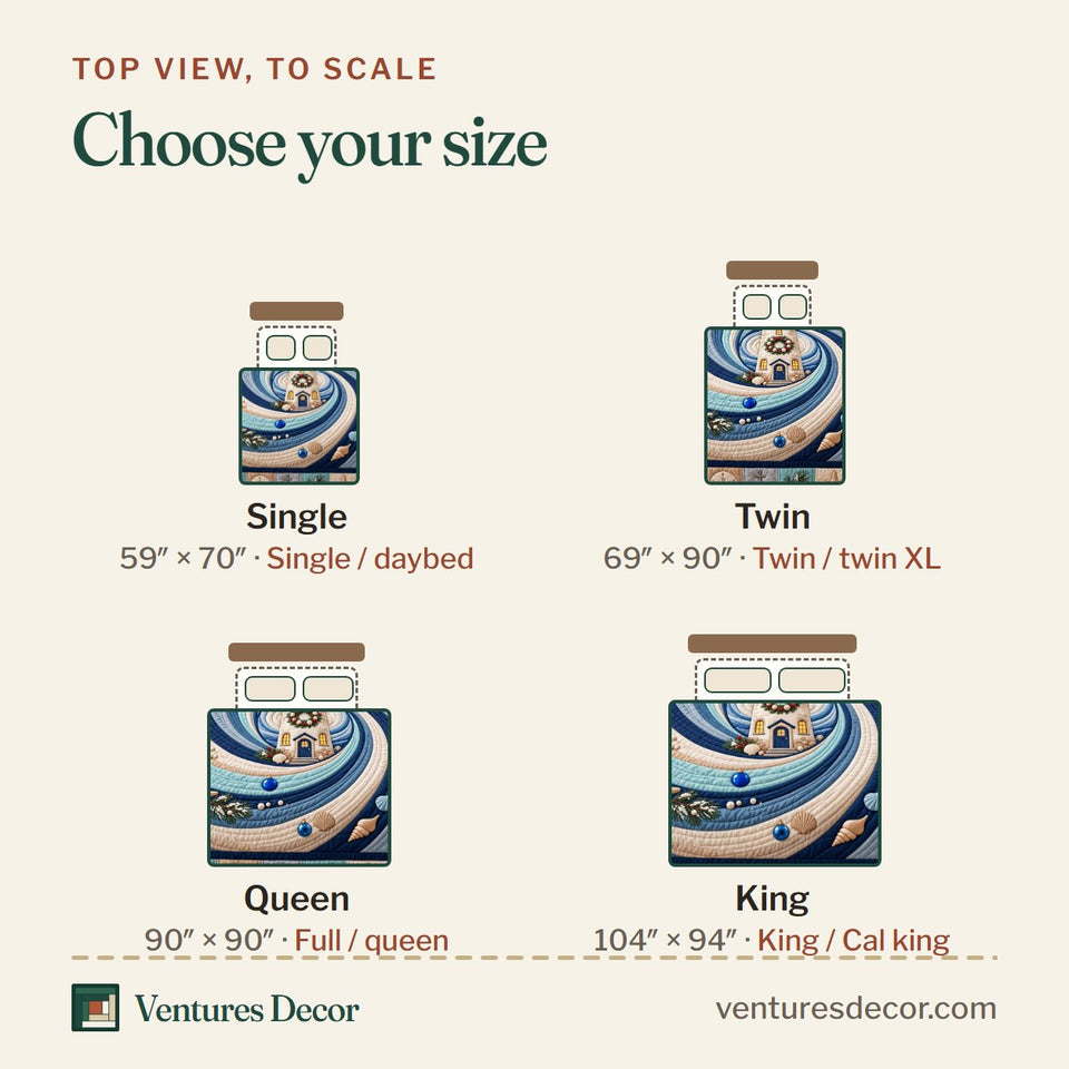 Size guide for the Coastal Winter Lighthouse Quilt Set, 3-Piece Quilted Bedding with 2 Pillow Shams quilt, top view to scale: Single 59 x 70 in, Twin 69 x 90 in, Queen 90 x 90 in, King 104 x 94 in