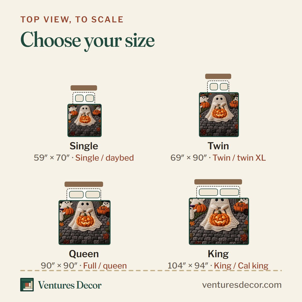 Size guide for the Cobblestone Ghost Pumpkin quilt, top view to scale: Single 59 x 70 in, Twin 69 x 90 in, Queen 90 x 90 in, King 104 x 94 in