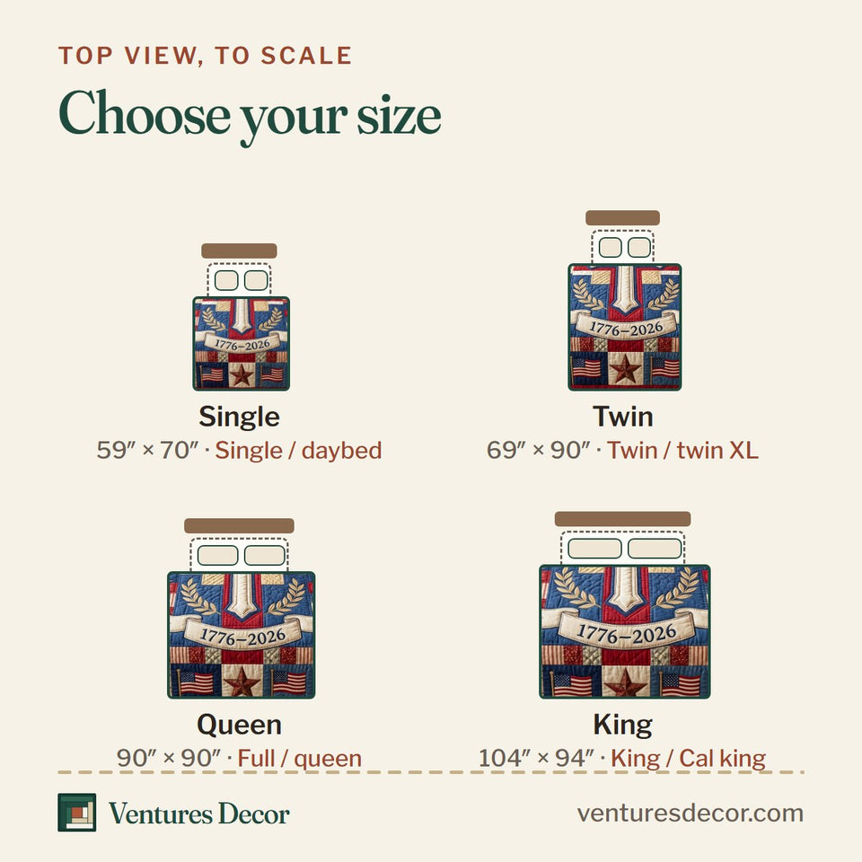 Size guide for the Colonial Cross quilt, top view to scale: Single 59 x 70 in, Twin 69 x 90 in, Queen 90 x 90 in, King 104 x 94 in