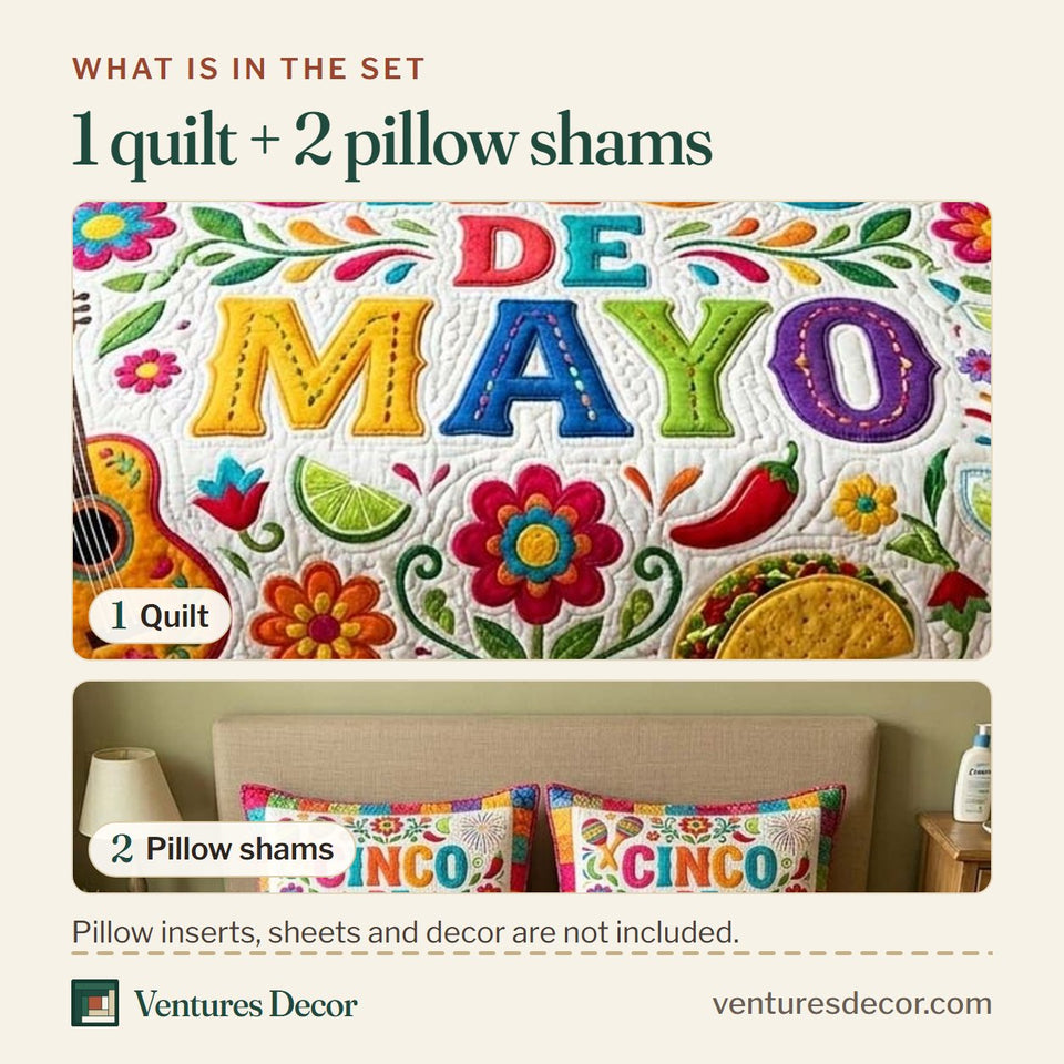 What is in the set: one quilt and two pillow shams, shown in the Color Tiles design