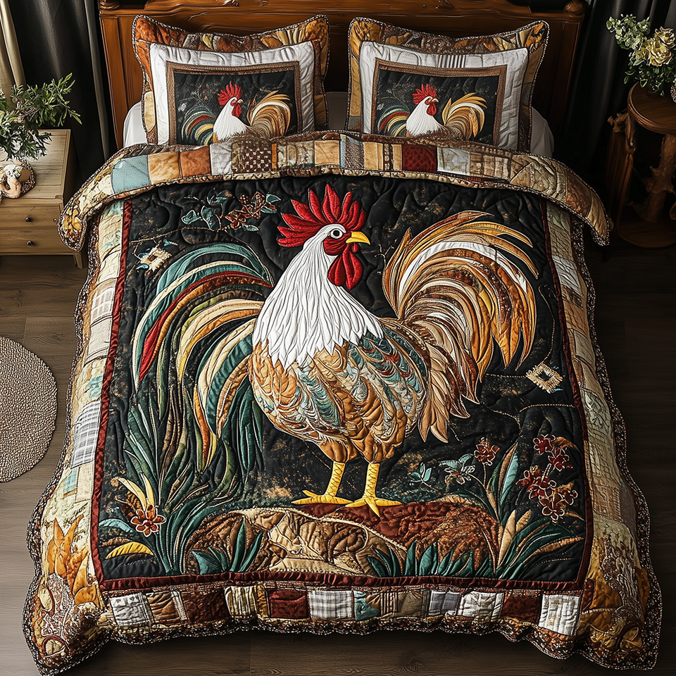 Colorburst Rooster White Bird on Dark Floral quilted bedding set, quilt and two pillow shams on a made bed