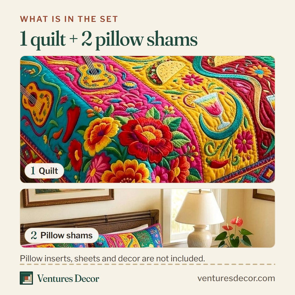 What is in the set: one quilt and two pillow shams, shown in the Colorful Fiesta design
