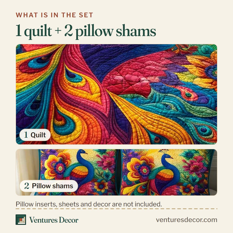 What is in the set: one quilt and two pillow shams, shown in the Colorful Peacock design