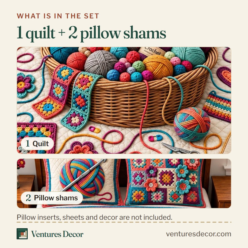 What is in the set: one quilt and two pillow shams, shown in the Colorful Yarn Basket design