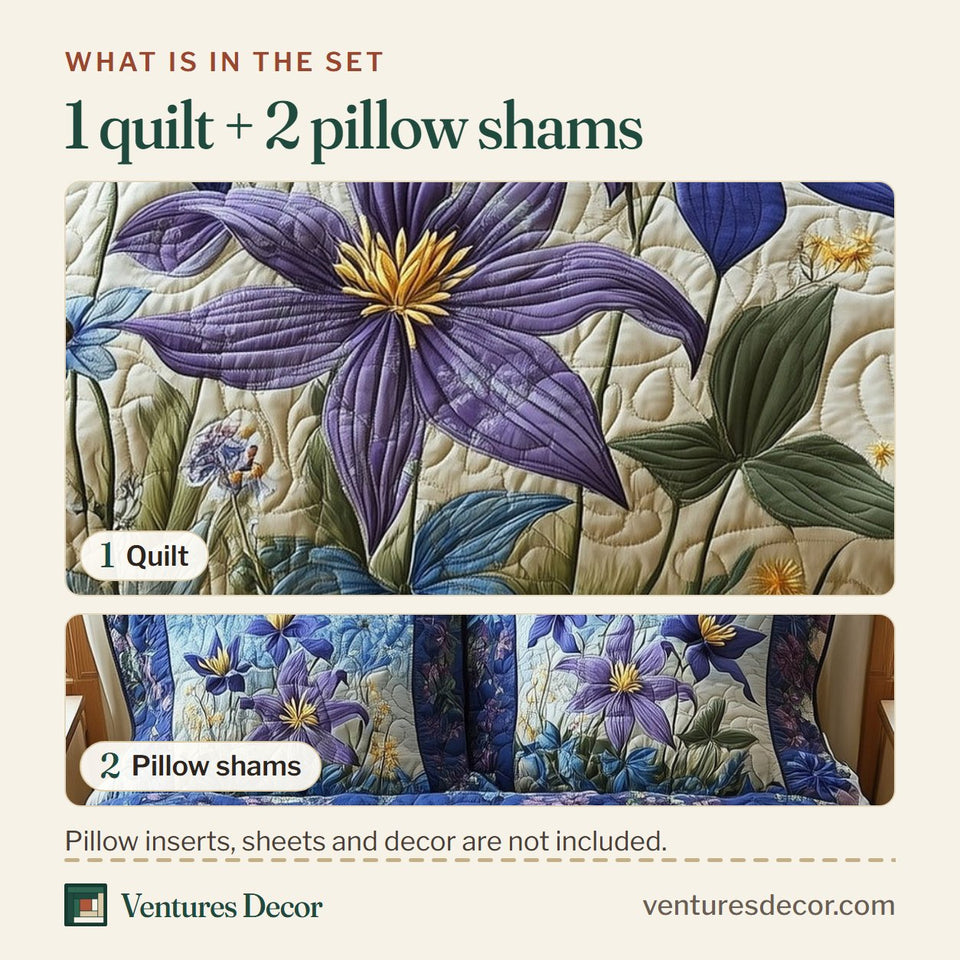 What is in the set: one quilt and two pillow shams, shown in the Columbine Charm Pale Blue Ground Floral Border design