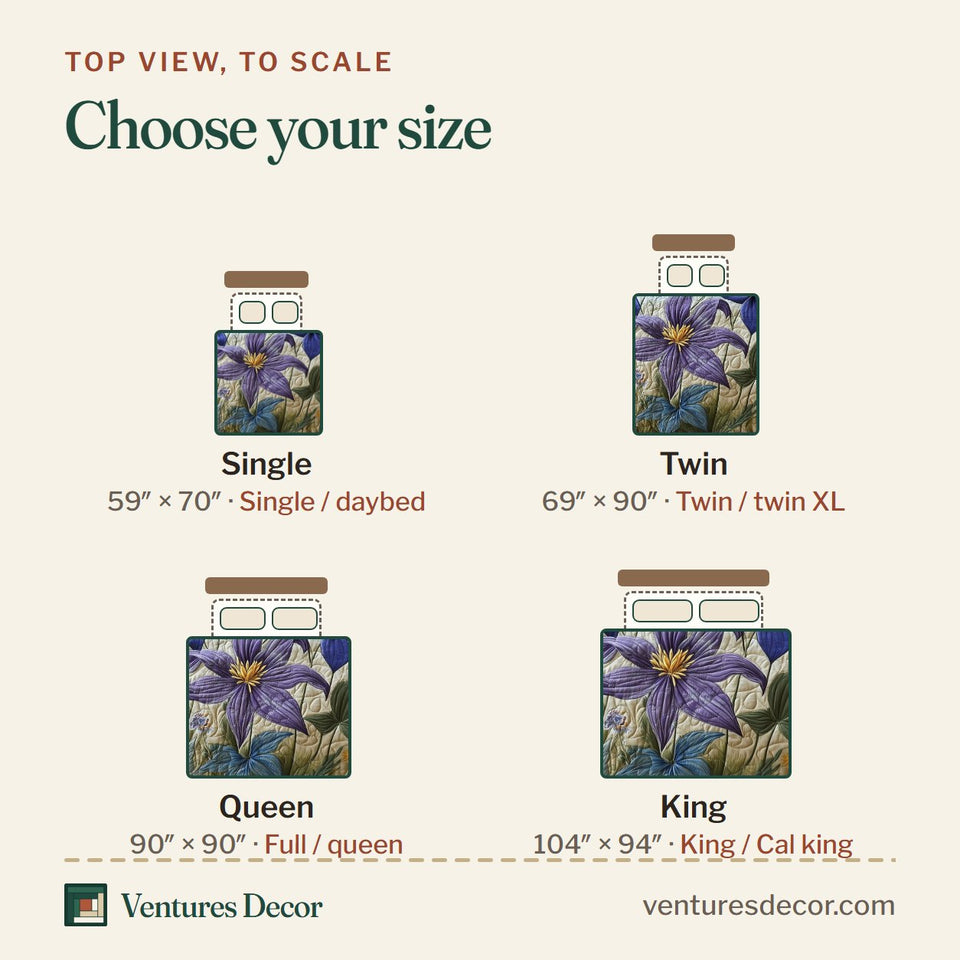 Size guide for the Columbine Charm Pale Blue Ground Floral Border quilt, top view to scale: Single 59 x 70 in, Twin 69 x 90 in, Queen 90 x 90 in, King 104 x 94 in