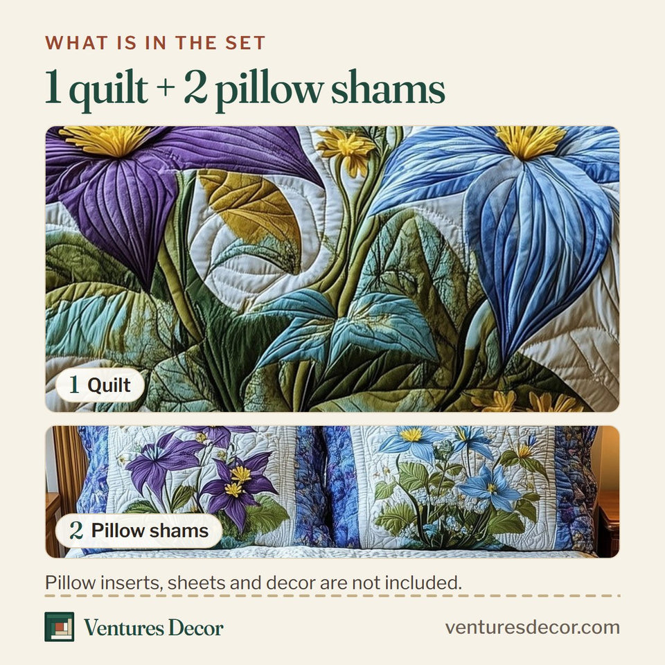 What is in the set: one quilt and two pillow shams, shown in the Columbine Charm Yellow Centers On Wide Blue Border design