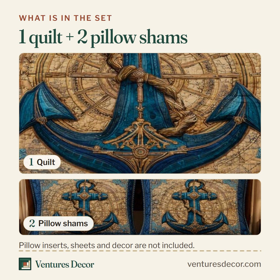 What is in the set: one quilt and two pillow shams, shown in the Compass Anchor design