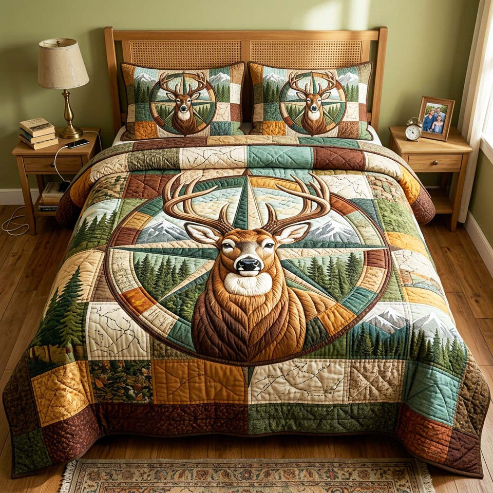 Compass Buck quilted bedding set, quilt and two pillow shams on a made bed