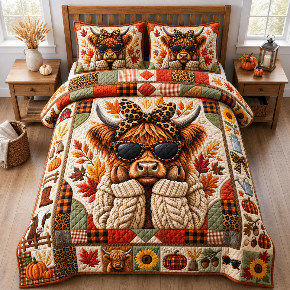 Cool Shades Highland quilted bedding set, quilt and two pillow shams on a made bed
