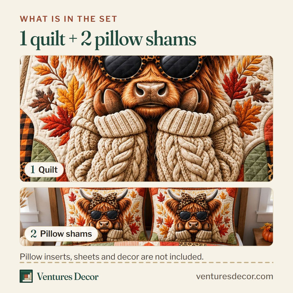 What is in the set: one quilt and two pillow shams, shown in the Cool Shades Highland design