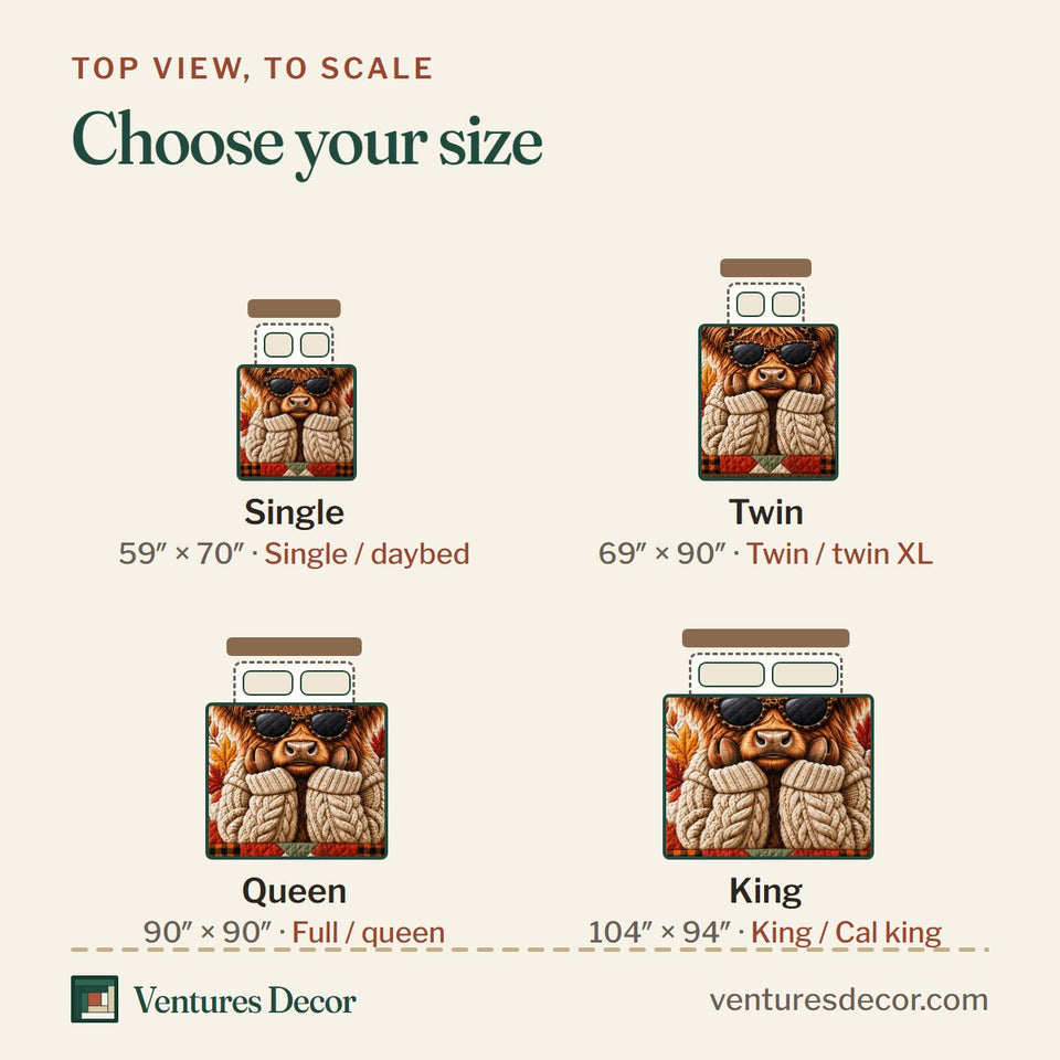 Size guide for the Cool Shades Highland quilt, top view to scale: Single 59 x 70 in, Twin 69 x 90 in, Queen 90 x 90 in, King 104 x 94 in