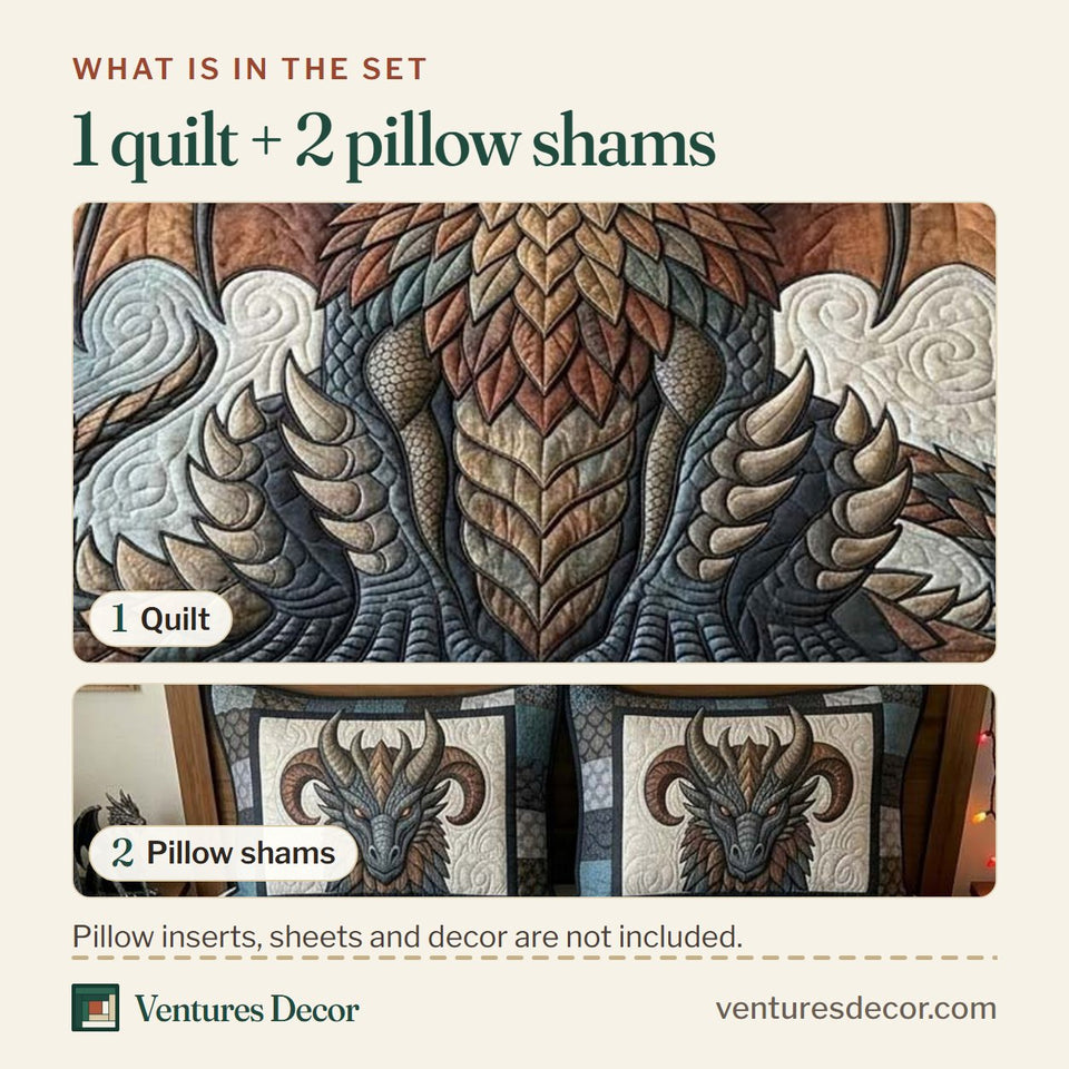 What is in the set: one quilt and two pillow shams, shown in the Copper Wing Dragon design