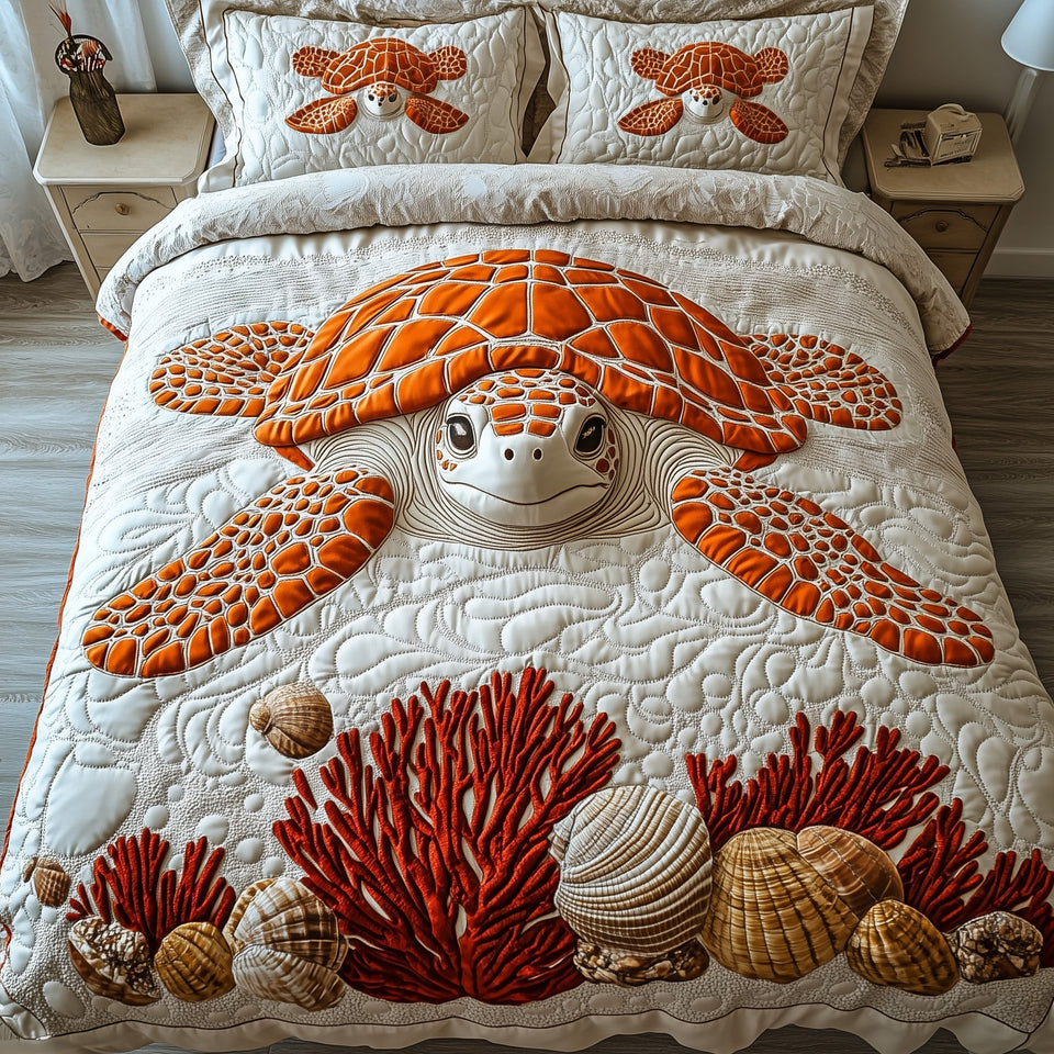 Coral Cove Amber Turtle quilted bedding set, quilt and two pillow shams on a made bed