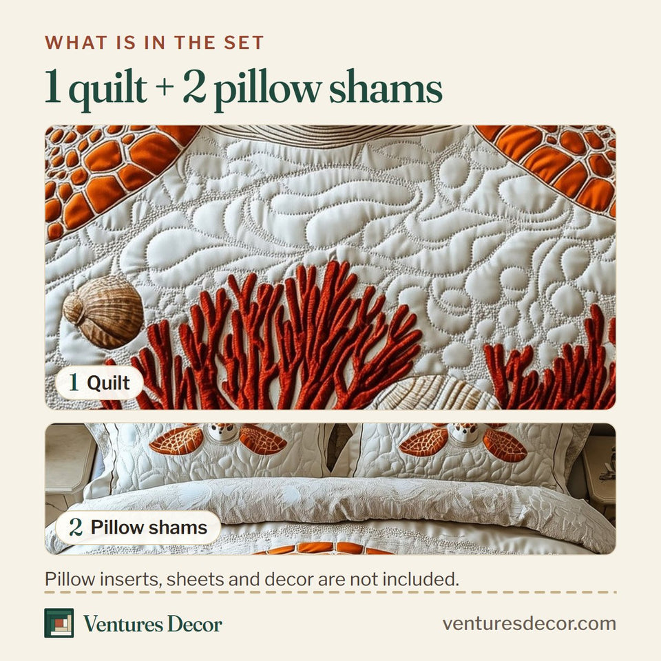 What is in the set: one quilt and two pillow shams, shown in the Coral Cove Amber Turtle design