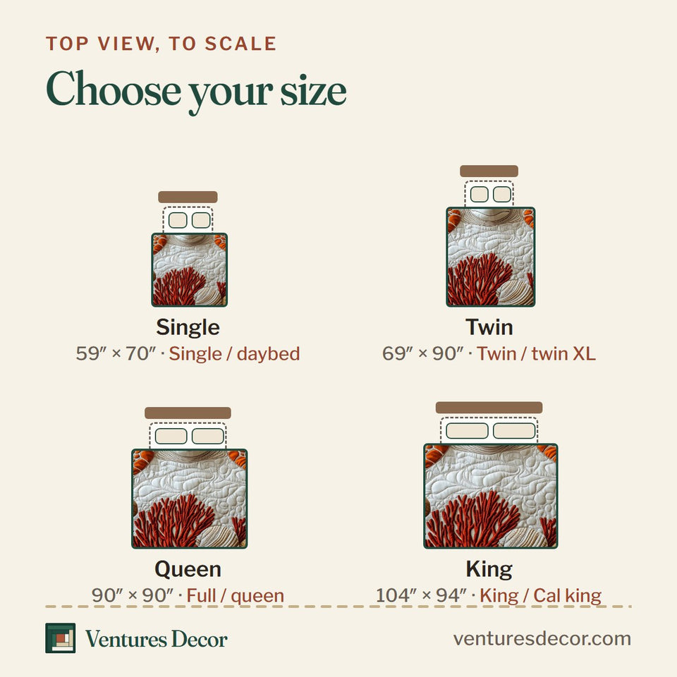 Size guide for the Coral Cove Amber Turtle quilt, top view to scale: Single 59 x 70 in, Twin 69 x 90 in, Queen 90 x 90 in, King 104 x 94 in