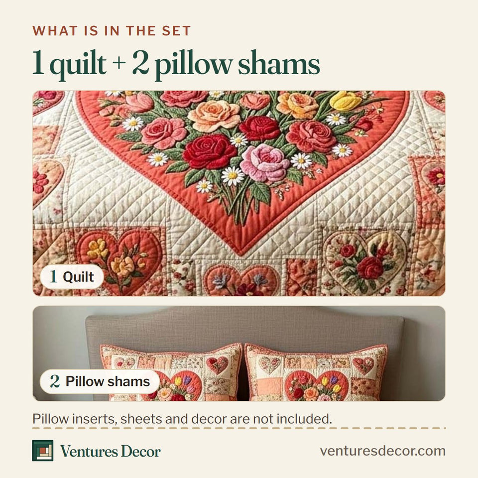 What is in the set: one quilt and two pillow shams, shown in the Coral Garden design