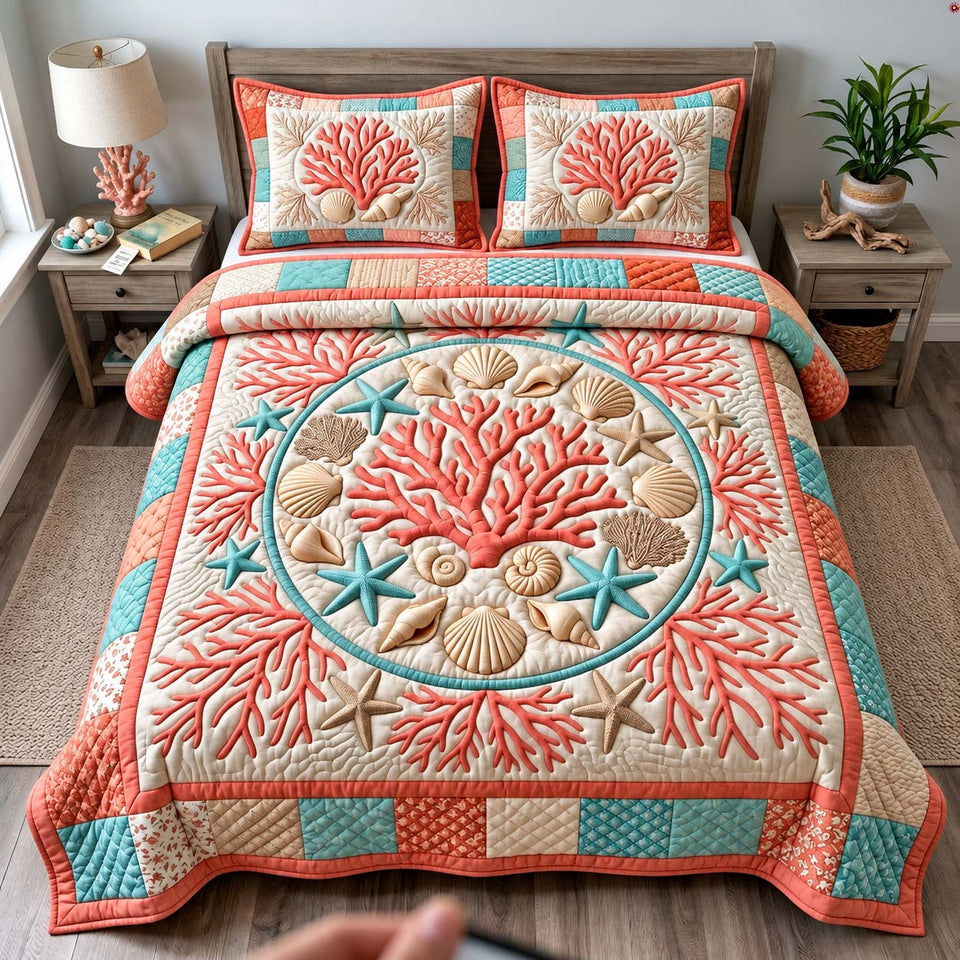 Coral Reef Garden quilted bedding set, quilt and two pillow shams on a made bed
