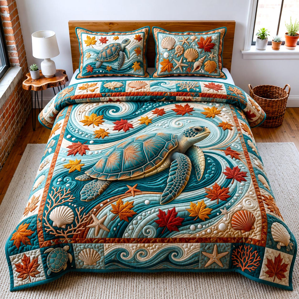 Coral Reef Turtle Voyage quilted bedding set, quilt and two pillow shams on a made bed