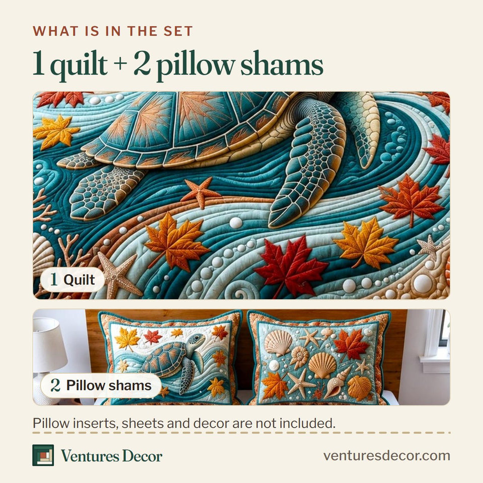 What is in the set: one quilt and two pillow shams, shown in the Coral Reef Turtle Voyage design