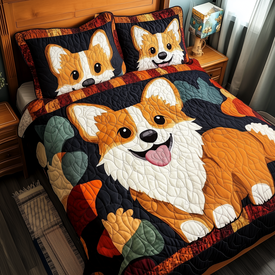 Corgi Lounging Patchwork Panels quilted bedding set, quilt and two pillow shams on a made bed