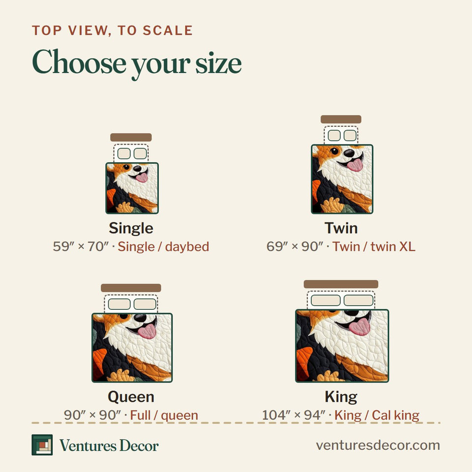 Size guide for the Corgi Lounging Patchwork Panels quilt, top view to scale: Single 59 x 70 in, Twin 69 x 90 in, Queen 90 x 90 in, King 104 x 94 in