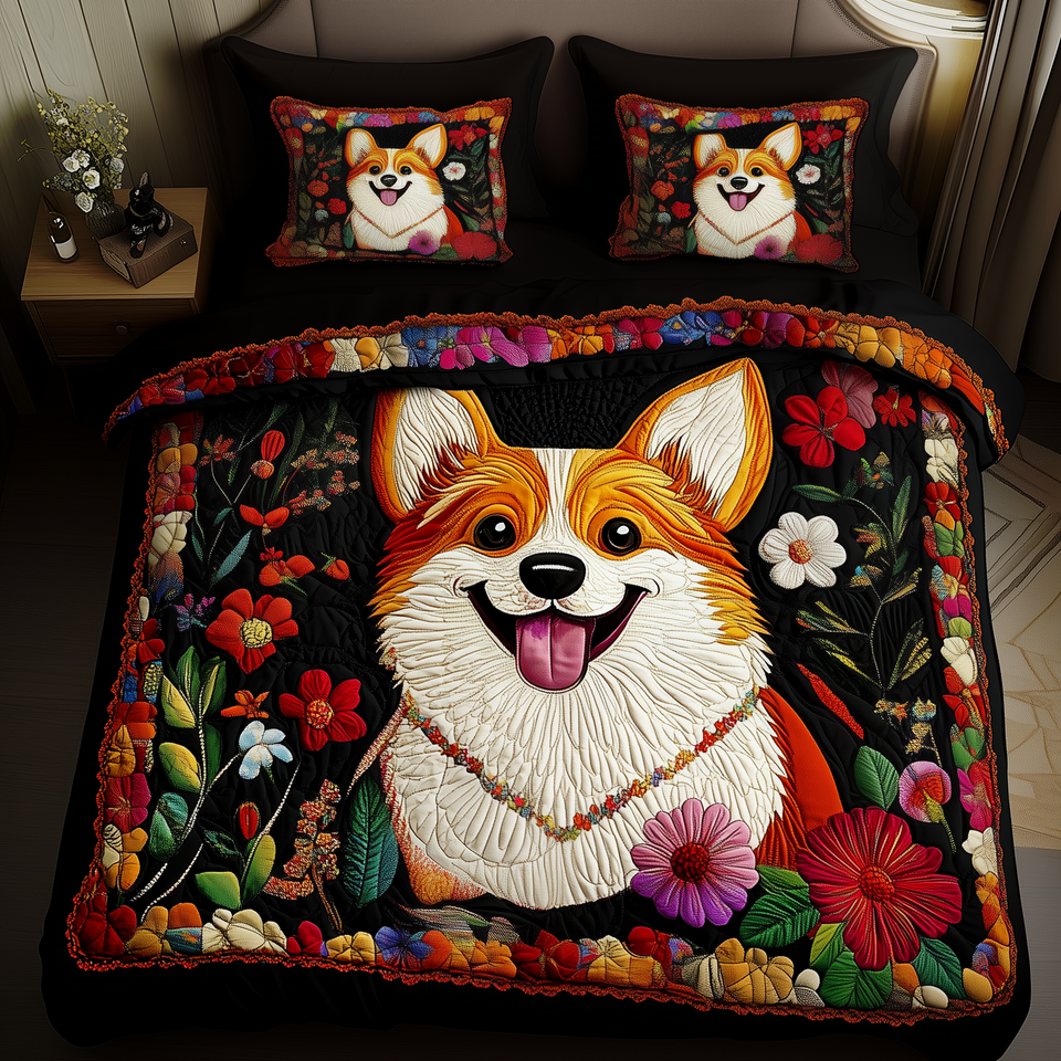 Corgi Smiling on Black Floral quilted bedding set, quilt and two pillow shams on a made bed