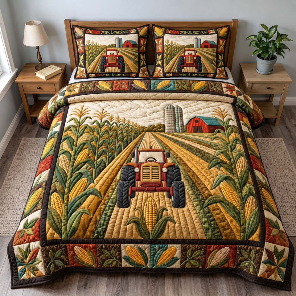 Cornfield Tractor quilted bedding set, quilt and two pillow shams on a made bed