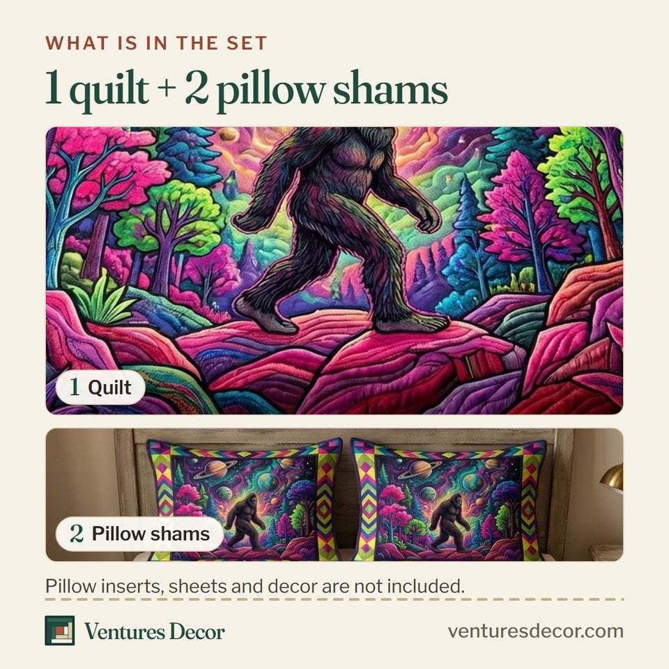 What is in the set: one quilt and two pillow shams, shown in the Cosmic Bigfoot design