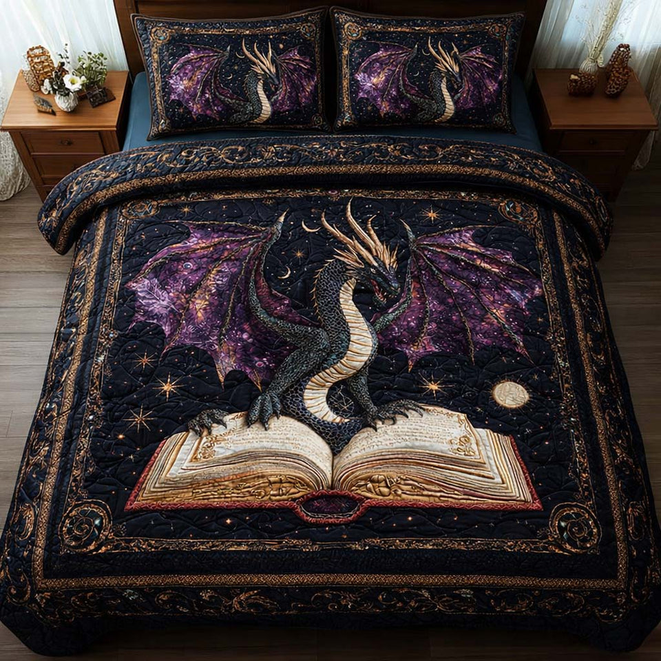 Cosmic Dragon quilted bedding set, quilt and two pillow shams on a made bed