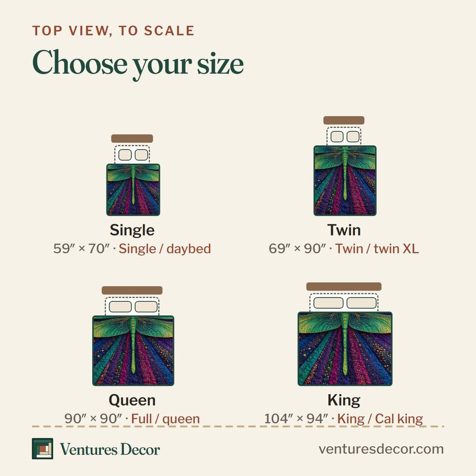 Size guide for the Cosmic Dragonfly quilt, top view to scale: Single 59 x 70 in, Twin 69 x 90 in, Queen 90 x 90 in, King 104 x 94 in
