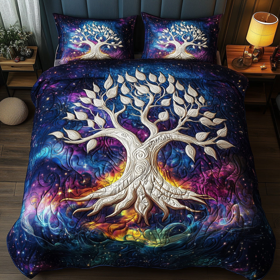 Cosmic Roots quilted bedding set, quilt and two pillow shams on a made bed