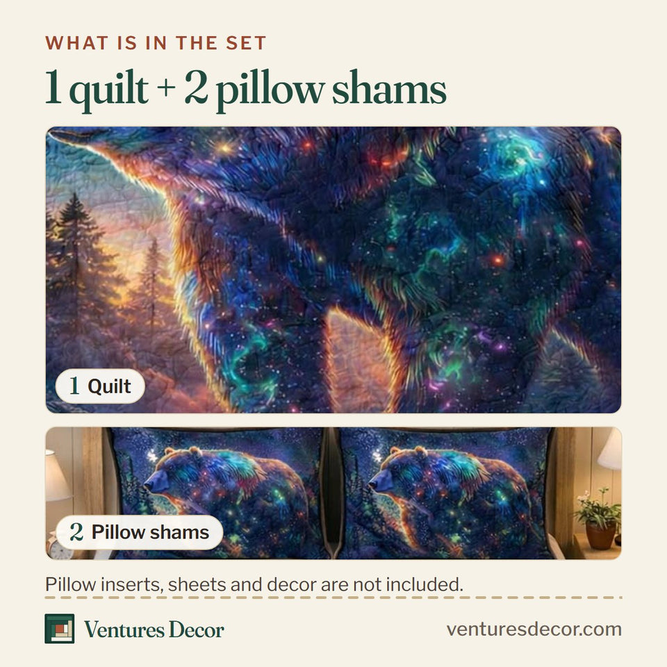 What is in the set: one quilt and two pillow shams, shown in the Cosmic Spirit Bear design