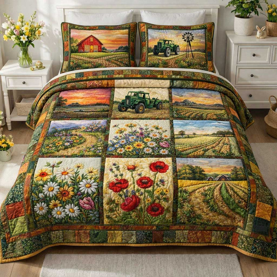 Cottage Bloom Poppy Field Panels quilted bedding set, quilt and two pillow shams on a made bed