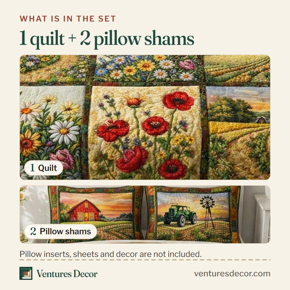 What is in the set: one quilt and two pillow shams, shown in the Cottage Bloom Poppy Field Panels design
