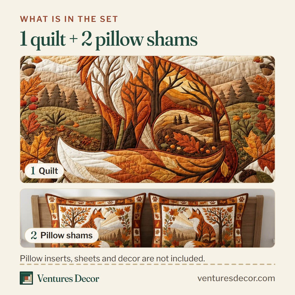 What is in the set: one quilt and two pillow shams, shown in the Cottage Fox Autumn Curl design