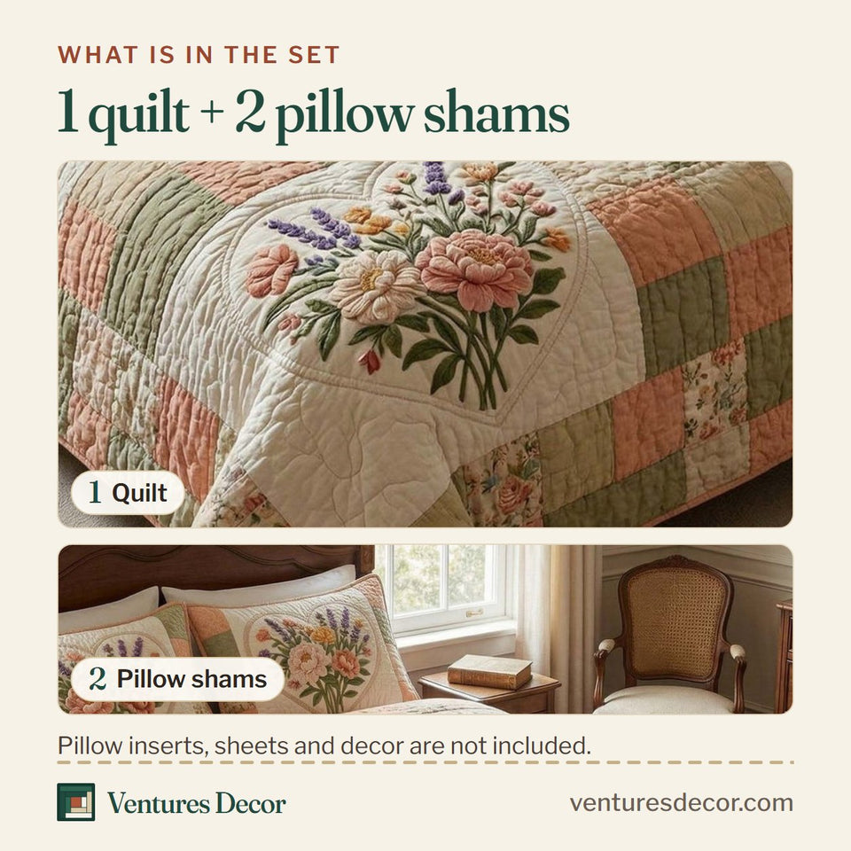 What is in the set: one quilt and two pillow shams, shown in the Cottage Rose Patch Garden design