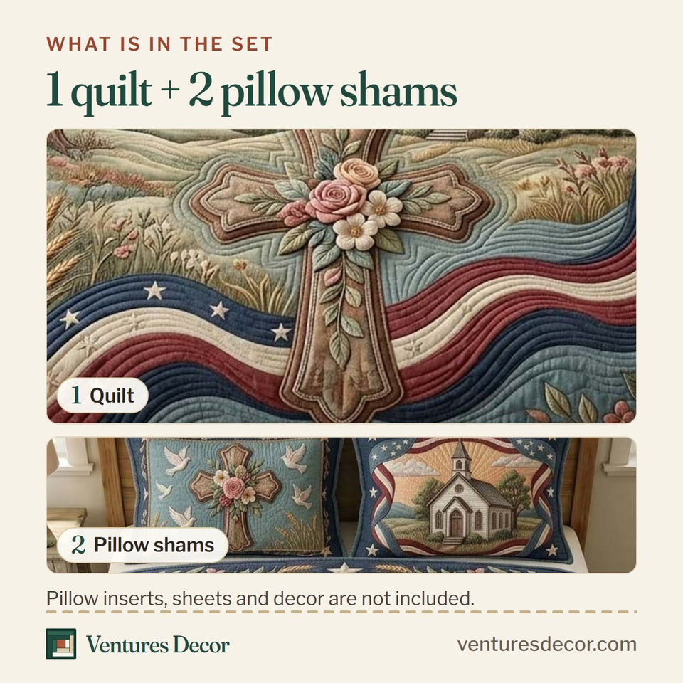What is in the set: one quilt and two pillow shams, shown in the Country Chapel design