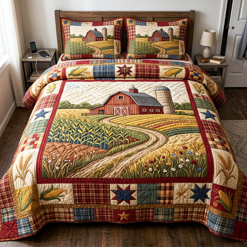 Country Cornfield quilted bedding set, quilt and two pillow shams on a made bed