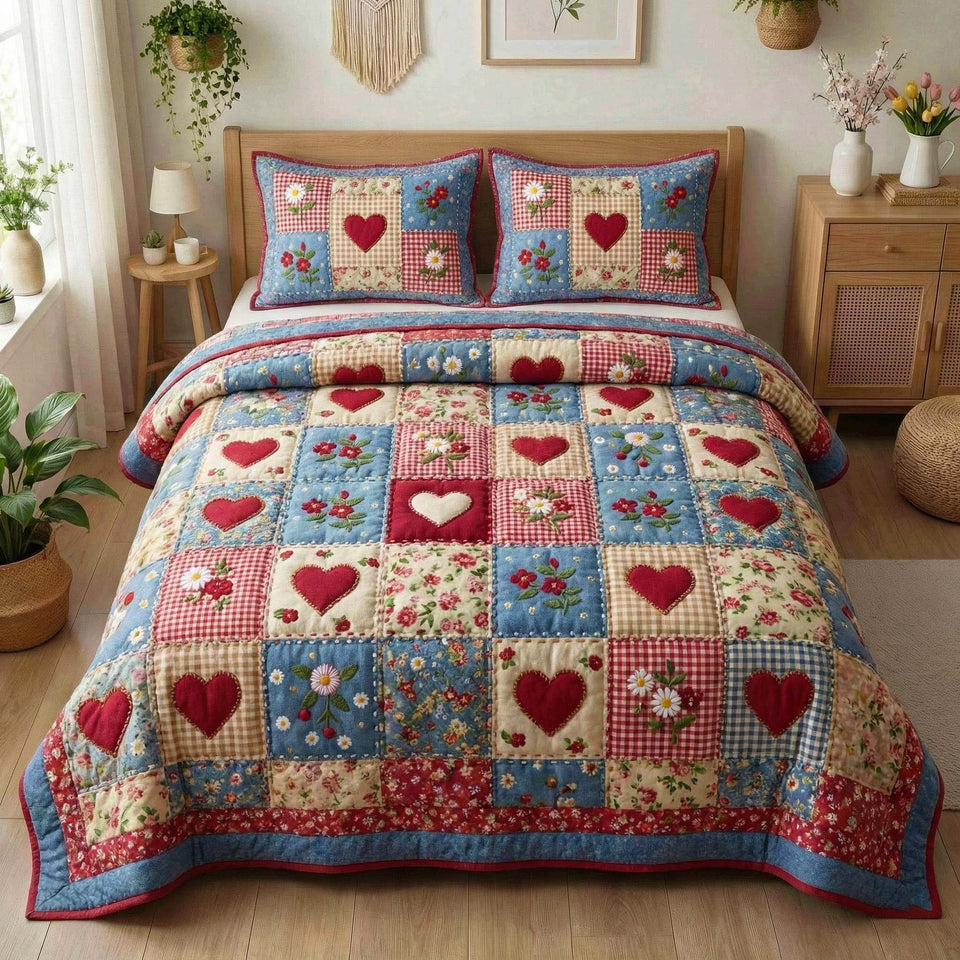 Country Hearts quilted bedding set, quilt and two pillow shams on a made bed