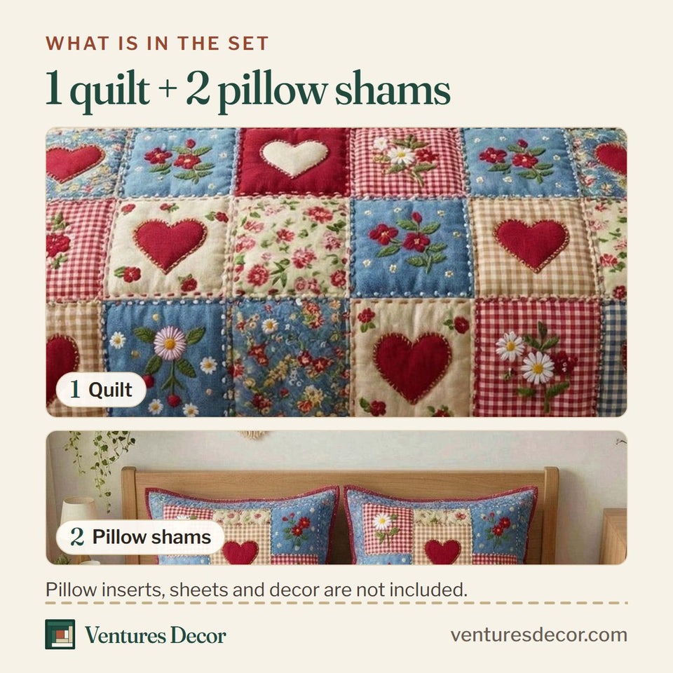 What is in the set: one quilt and two pillow shams, shown in the Country Hearts design