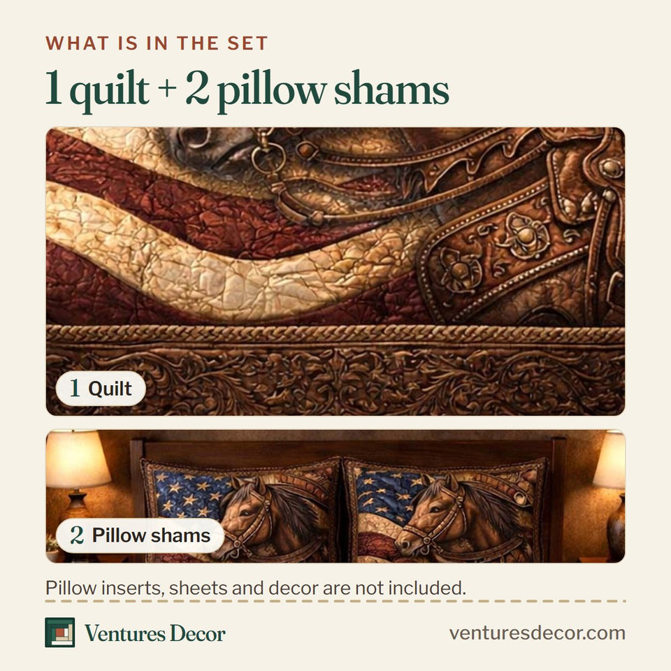 What is in the set: one quilt and two pillow shams, shown in the Country Horses Old Glory design