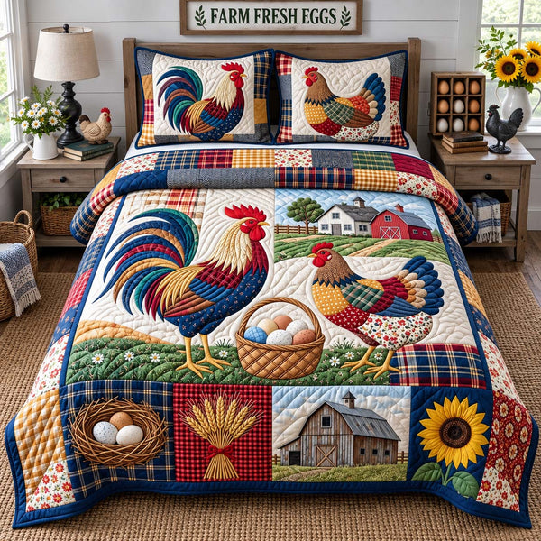 Country Rooster Pair quilted bedding set, quilt and two pillow shams on a made bed