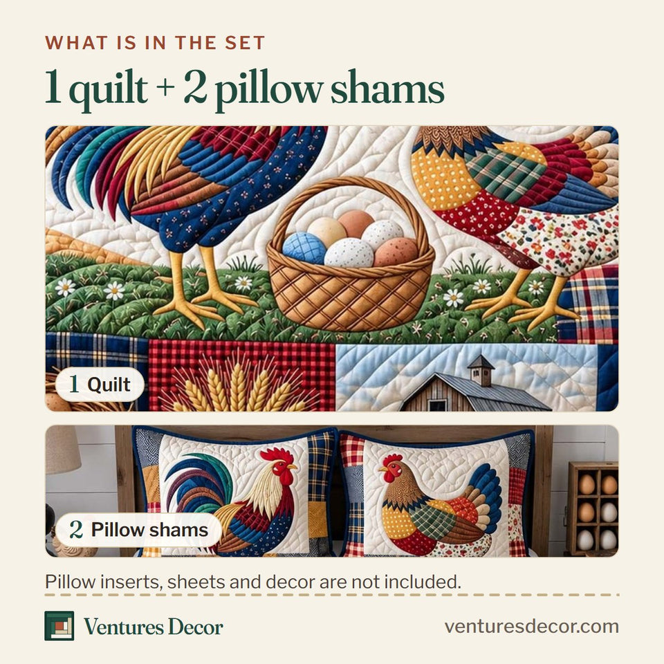 What is in the set: one quilt and two pillow shams, shown in the Country Rooster Pair Quilt Set, 3-Piece Quilted Bedding with 2 Pillow Shams design